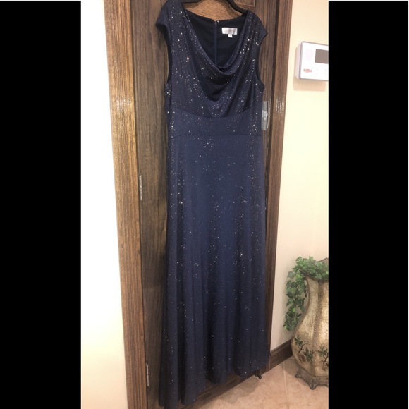 Women’s Formal Dress Size 16 Navy Glitter Shimmer Cap Sleeve Cowl Neck TAHARI - Picture 5 of 8